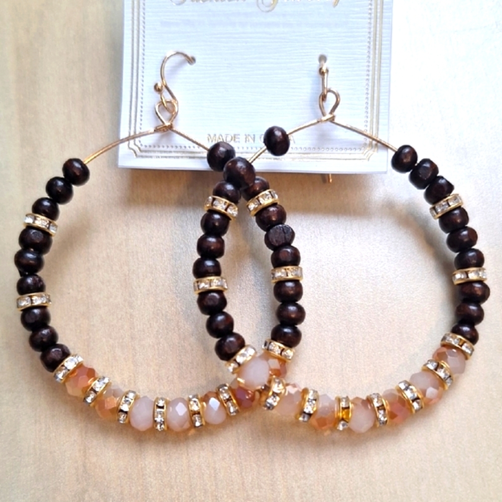 3 For $15 Elegant Brown and Gold Beaded Hoop Earrings